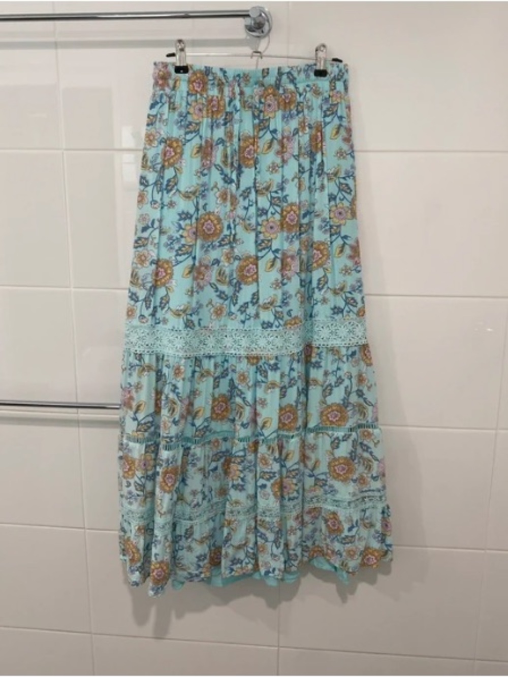 Aqua Floral Tiered Maxi Skirt with Lace Trim